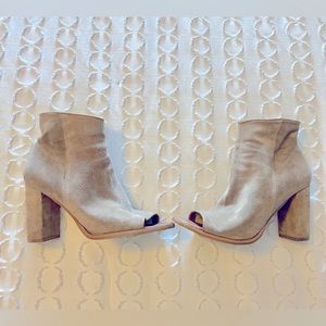 Italian suede peep toe block heel booties